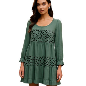 Umgee Green Tiered Mini Dress Long Sleeve Babydoll